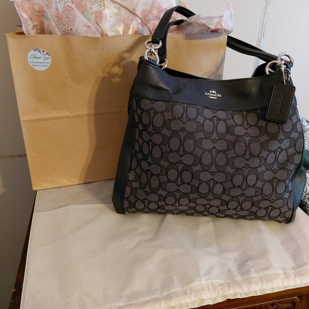 Coach Lexy signature gray jacquard and black leather